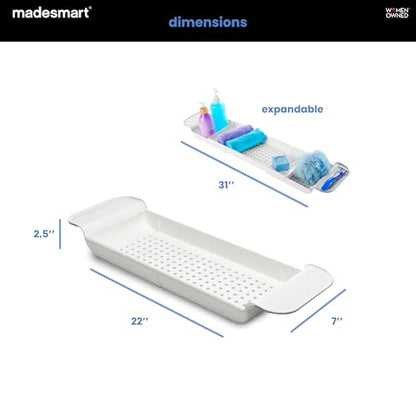 madesmart Expandable Bath Tray, White | adjustable tub fit, drainage holes, soft grip sides, soap razors toys, bathtub caddy, woman owned