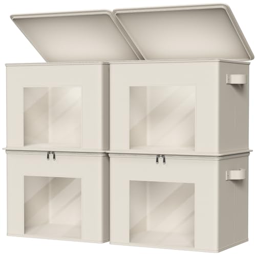 Zilink Fabric Storage Bins with Lid Sweater Closet Organizer, Beige,4 Pack | Stackable, Smooth Zipper, Clear Window, Cloth Storage Bins, Closet Organizers and Storage Box for Home, Office, Bedroom
