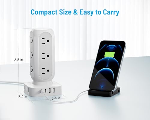 Flat Plug Power Strip Tower, TenTrend 40W Total Fast Charging Station, 10FT | 12 AC Outlets & 8 USB Ports (4 USB C), Dual PD 20W, Long Extension Cord for Desk Office Dorm Room