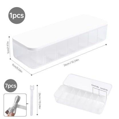 Cable Organizer Storage Box with Lid, 7 Wire Ties, White | Adjustable Dividers, Holds Power Cords & Charger, Dust-Proof, Desktop Accessories & Stationery Supplies for Home & Office
