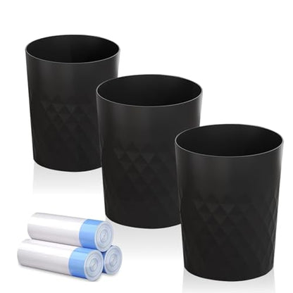 3 Pack Small Bathroom Trash Can with Trash Bags Plastic Garbage Can Black | Sturdy Stylish Decor Round Plastic Waste Basket Bin for Kitchen Bedroom Office Craft Room College Dorm Essentials