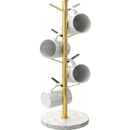 Gold Mug Holder Tree with Marble Base, 8 Hooks Standard Coffee Cups | Mug Holder Stand, Small Mug Rack for Kitchen Cafe Counter