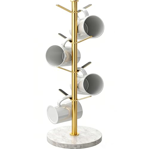 Gold Mug Holder Tree with Marble Base, 8 Hooks Standard Coffee Cups | Mug Holder Stand, Small Mug Rack for Kitchen Cafe Counter