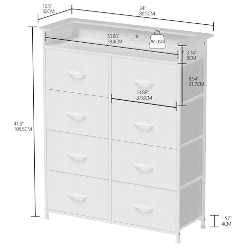 White Dresser for Bedroom with Power Outlets and LED Lights Narrow 8 Fabric Drawers Dressers Tall Storage Tower Unit for Entryway Closet Hallway Living Room Sturdy Steel Frame Wooden Top