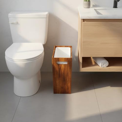 Coeusy 3 Gallon Wooden Trash Can with Liner,Small Solid Wood Bathroom Trash Can,Narrow Garbage Can,Decorative Waste Basket for Bathroom,Bedroom,Office
