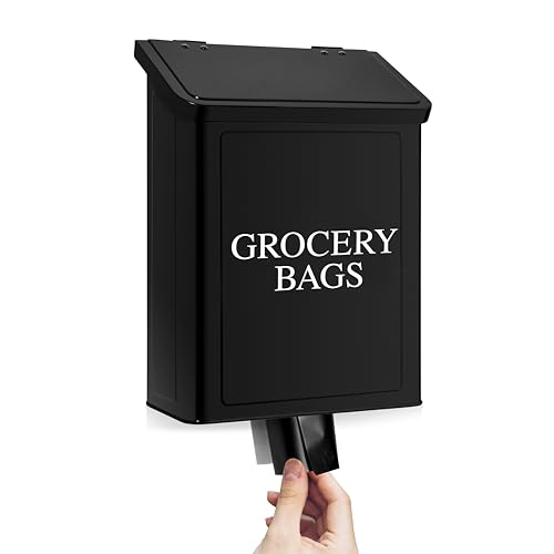 Calindiana Modern Farmhouse Metal Magnetic Grocery Bags Holder for Plastic Bags with LId and Kitchen Organizer and Storage Wall Mount Grocery Bag Dispenser Space Saving, Black