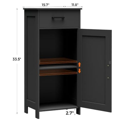 Bathroom Storage Cabinet with Drawer & Adjustable Shelf | Freestanding Storage Cabinet for Bathroom, Entryway, Living Room & Kitchen, Black, 15.7"W