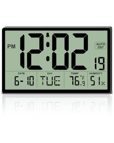 9‘’ Narrow Bezels Battery Operated Digital Wall Clock with Temperature and Humidity - Auto DST, Large 2⅝'' Digits, 5-Level Volume Alarm (3 AA Included) - Wall Mount/Desktop for Office Bedroom Kitchen