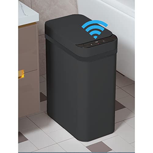 Touchless Bathroom Trash Can - 2.5 Gallon Smart Trash Can Sensor Motion | Skinny Trash Bin with Lid - Electric, Narrow, Plastic, Auto Open - Small Slim Automatic Garbage Can ( Black )