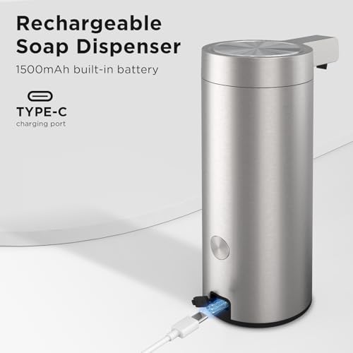 Newise Automatic Soap Dispenser - 9 oz, Rechargeable Touchless Liquid Soap for Kitchen and Bathroom with 3 Adjustable Dispensing Modes, Stainless Steel