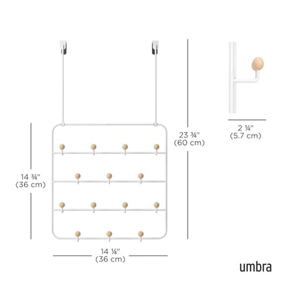 Umbra Estique Coat Rack, Over the Door Wall Hooks, 14 Hook, White/Natural | Steel, snag-free wooden pegs, fits doors to 1.6 inch, power coated finish