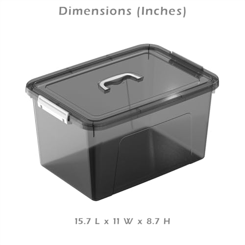 19 Quart Stackable Plastic Storage Bins with Lids, 6 Pack Clear Black Organizer Boxes with Secure Latches for Garage, Tools, Closet, Office, Durable Storage