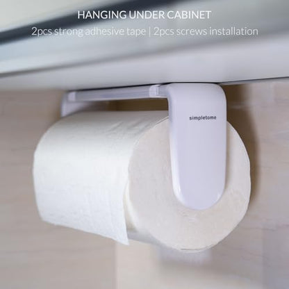 ONE Hand Tear Paper Towel Holder Under Cabinet/Wall for 9.4-11inch, White | adaptive adjustable tension arm | tear one/more sheets at one time | adhesive or drilling | abs plastic | easy to replace