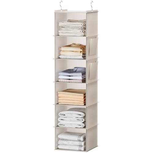 YOUDENOVA Hanging Closet Organizer and Storage, 6-Shelf, Beige | Breathable Fabric, 2 Side Pockets, Clothes Organizer, Hanging Shelves, Closet Storage, College Dorm Room Essentials for Guys