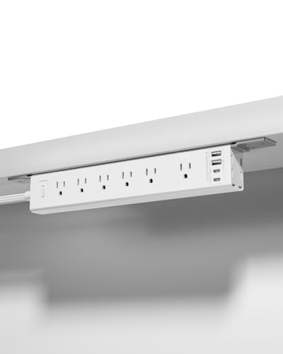 360° Mountable Surge Protector Power Strip with 4 USB Ports (2 USB C), 6 FT Electrical Outlet & Flat Plug Extension Cord for Under Desk, Wall, or Corner Mount (White)