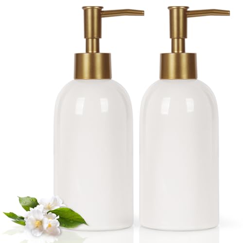 Natheeph 14OZ Soap Dispenser for Bathroom/Kitchen Fill Hand Soap/Dish Soap | Ceramic Soap Dispenser Refillable Shampoo/Lotion/Liquid/Detergent for Bathroom/Kitchen, Soap Pump Dispenser Bottle, 2PC White