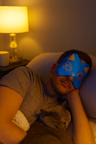 Cute Silk Sleep Mask Cat Eye mask for Sleeping Embroidered Adjustable Oversized Eye Cover Egyptian Bastet Blindfold with Gift Box（Nefertari Blue-Elastic Strap）