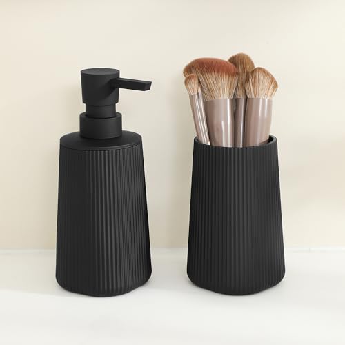 Bathroom Soap Dispenser and Toothbrush Holder Striped Black | Bathroom Accessories Set 2 Piece for Bathroom Countertop Storage and Decor