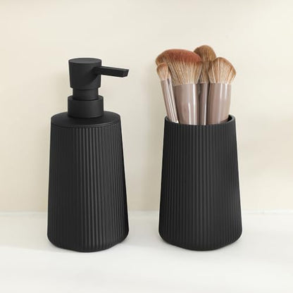 Bathroom Soap Dispenser and Toothbrush Holder Striped Black | Bathroom Accessories Set 2 Piece for Bathroom Countertop Storage and Decor