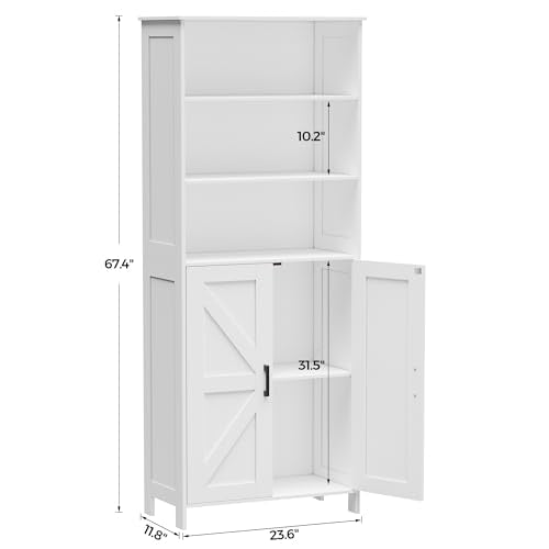 67" Tall Bathroom Storage Cabinet, Bathroom Floor Cabinet | Freestanding Farmhouse Cabinet with Doors and Adjustable Shelf, Linen Cabinet for Bathroom, Living Room, Laundry Room, White