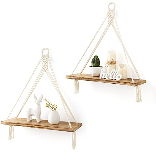 Macrame Hanging Shelves Boho Wall Decor Set of 2 F... (2 Count | White | Wood)