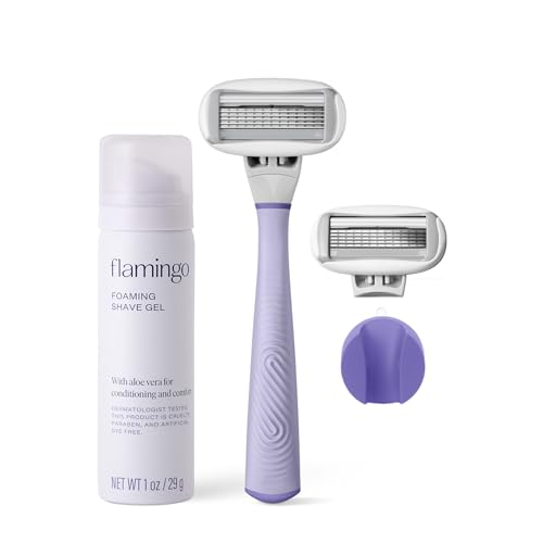Flamingo Shaving Razor Set for Women - Original Razor Handle, 2 Blade Refills, Foaming Shaving Gel, and Shower Holder - Lilac