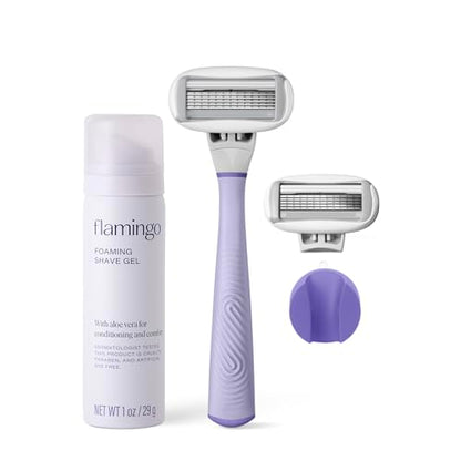Flamingo Shaving Razor Set for Women - Original Razor Handle, 2 Blade Refills, Foaming Shaving Gel, and Shower Holder - Lilac