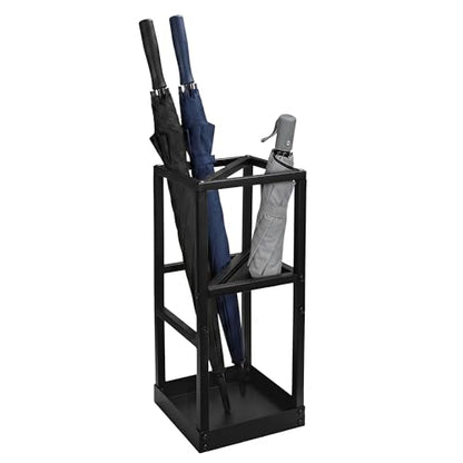Umbrella Stand for Entryway Metal Geometric Freestanding Umbrella Holder or Cane Holder with Shelf for Small Umbrellas and Bottom Drip Tray, Black
