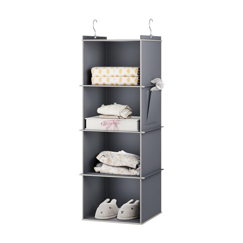 YOUDENOVA Hanging Closet Organizer and Storage for Clothes, 4-Shelf, Grey | Locker/RV/Camper Organizer, Side Pocket, Hanging Shelves for Small Closet, Dorm Room Essentials for Guys, Breathable Fabric