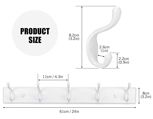 Wooden Coat Rack, Wall-Mounted Organizer for Closet, Entryway, Hallway, Foyer, Bedroom, Heavy Duty Double Hooks for Hanging Towels, Bags, Hats, Jackets, Key (White, 5 Hooks)