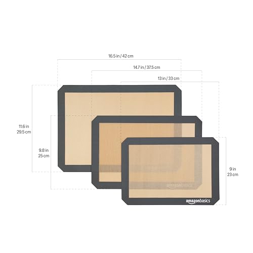 Amazon Basics Rectangular Non-Stick Silicone Baking Mat, Food Safe, Heat Resistant, 9"x13", 9.9"x14.8", and 16.5"x11.6", Beige/Gray, Pack of 3