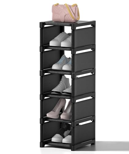 6-Tier Narrow Shoe Rack, Vertical Small Space Shoe Organizer, 9.84" Compact Slim Shoe Shelf for Closet & Entryway, Sturdy & Tool-Free Assembly, Adjustable Height for Boots