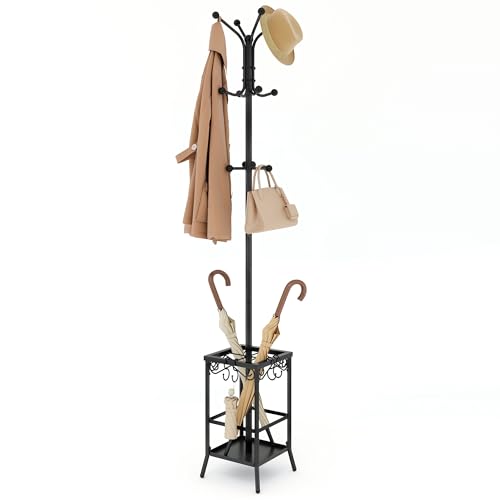 Hoctieon Coat Rack Freestanding, Coat Tree with Umbrella Holder, Metal Coat Rack Stand with 12 Hooks, Standing Coat Hanger Stand, Umbrella Stand for Entryway, Hat Rack Stand for Home Office, Black