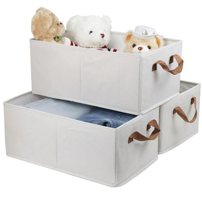 Fordonral Pack of 3 Large Capacity Storage Bins Closet Organizer System, Sturdy Foldable Boxes for Organizing Clothing, Sheets, Toys, Books - Shelf Shelves Basket Bin Linen White