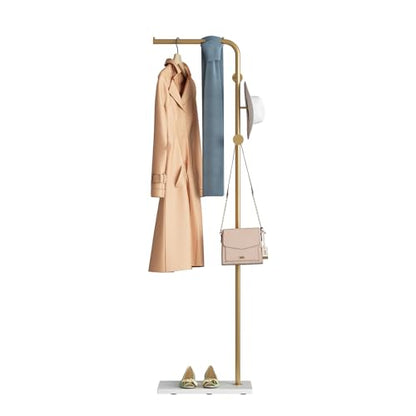 Gold Coat Racks, Metal Coat Racks Freestanding with Crossbar and 3 Hooks, Modern Coat Hanger with Marble Base, L Shaped Coat Stand for Entryway, Bedroom, Living Room, Office