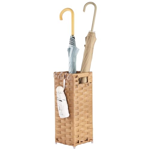 Rattan Umbrella Stand, Umbrella Holder for Entryway, Hand Woven Umbrella Rack Organizer Freestanding, with a Detachable Drip Tray, 4 Hooks, 6.5" L x 6.5" W x 16.5" H, Natural