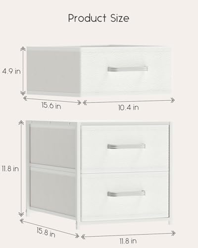 Stackable Storage Drawers - 2 Tier Closet Organizer with Metal Handles and Metal Frame, Fabric Dresser with Collapsible Bins for Bedroom, Dorm, Office, White, 2 Pack