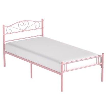VECELO 14 Inch Twin Size Metal Platform Bed Frame with Headboard and Footboard, Heavy Duty Mattress Foundation with Steel Slats Support, No Box Spring Needed, Pink