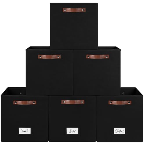 FinishingBo 13 inch Storage Bins with Labels 6 Pack | PU Leather Handles, Foldable Storage Cubes, Storage Baskets, Closet Storage, Black