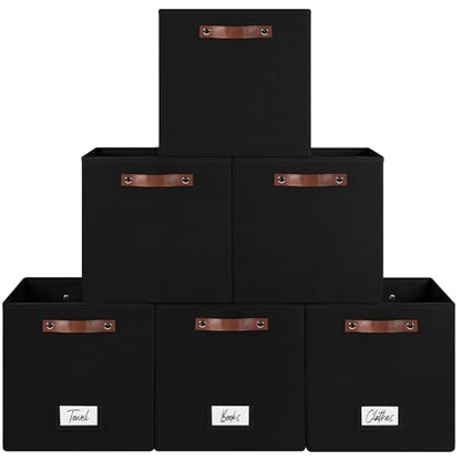 FinishingBo 13 inch Storage Bins with Labels 6 Pack | PU Leather Handles, Foldable Storage Cubes, Storage Baskets, Closet Storage, Black
