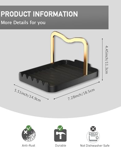 Anti-Rust Metal Spoon Rest with Lid Holder While Cooking, Black Gold | Durable Heat-Resistant Spoon and Lid Rest with Non-Slip Pads, Kitchen Pot Lid Holder for Countertop & Stovetop