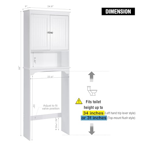 Spirich Over The Toilet Storage Cabinet with Doors, Bathroom Organizer | White, Adjustable Shelf, Anti-Tip Fitting, FSC-Certified MDF, Beadboard Design, 33.3" Toilet Clearance, Adjustable Crossbar