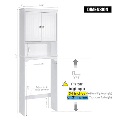 Spirich Over The Toilet Storage Cabinet with Doors, Bathroom Organizer | White, Adjustable Shelf, Anti-Tip Fitting, FSC-Certified MDF, Beadboard Design, 33.3" Toilet Clearance, Adjustable Crossbar