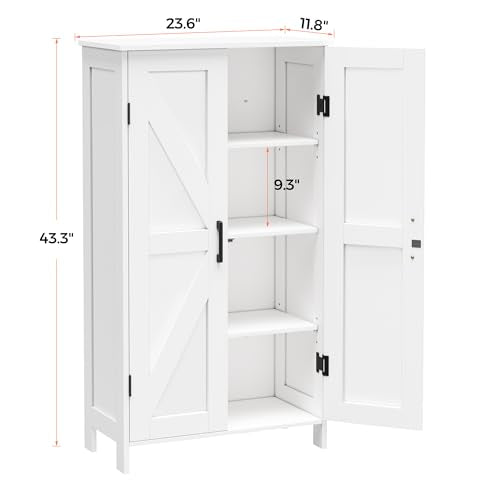 43.3" H Farmhouse Bathroom Storage Cabinet with Adjustable Shelves | Freestanding Storage Cabinet with Barn Doors for Bathroom, Kitchen, Living Room, Dining Room & Entryway, White