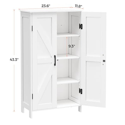 43.3" H Farmhouse Bathroom Storage Cabinet with Adjustable Shelves | Freestanding Storage Cabinet with Barn Doors for Bathroom, Kitchen, Living Room, Dining Room & Entryway, White