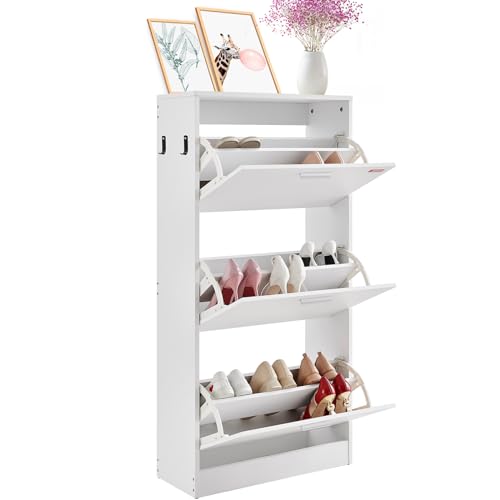VEVOR Shoe Cabinet with 3 Flip Drawers, Shoe Storage Cabinet for Entryway, Free Standing Shoe Storage Organizer with Side Hooks for Heels, Boots, Slippers in Hallway, Living Room