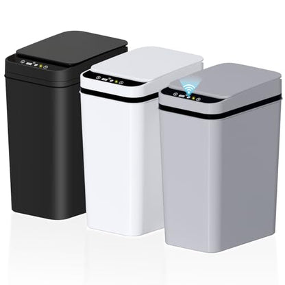 Bathroom Small Trash Can with Lid, Automatic Garbage Can, 2.6 Gallon | 3 Pack Touchless Slim Waterproof Motion Sensor Smart Trash Bin for Bedroom, Office, Living Room-White/Black/Grey