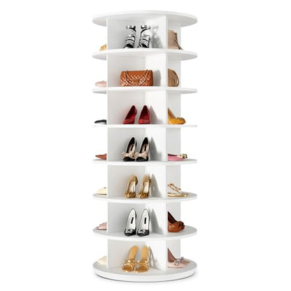 Rotating Shoe Rack 7 Tier Spinning Shoes Organizer Tower for 28-32 Pairs Lazy Susan 360 Revolving Shoe Storage Cabinet Rotate Shoe Handbag Rack Round Carousel for Closet, Bedroom (White)