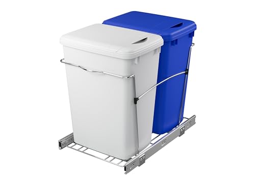 Rev-A-Shelf Double Pullout Garbage Trash Cans for Kitchen Cabinets, 35 Qt | Large Capacity Waste/ Recycling Bins, Heavy Gauge Wire Construction, with Full Extension Slides, Blue/White, RV-18KD-11RC-S