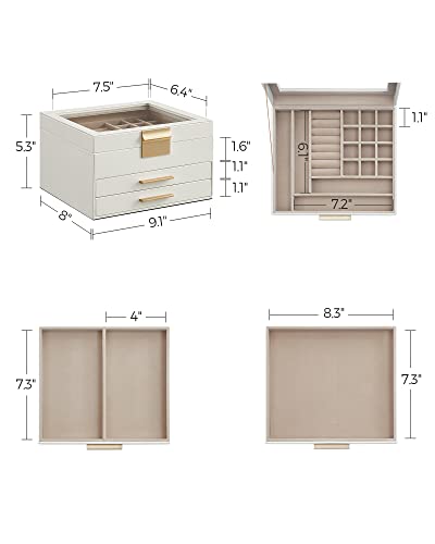 SONGMICS GISELLA Collection - Jewelry Box Organizer with Glass Lid, 3-Layer Jewelry Storage, with 2 Drawers, Modern Style, 8 x 9.1 x 5.3 Inches, Cloud White and Gold Color UJBC239WT